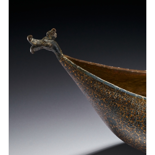 103 - A KASHMIRI LACQUERED PAPIER-MACHE KASHKUL BOWL, KASHMIR INDIA, 20TH CENTURY This kashkul, or boat-sh... 