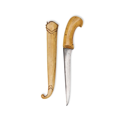 112 - A MUGHAL BONE DAGGER AND SCABBARD, INDIA, 19TH CENTURY The weapon features a slender, single-edged s... 