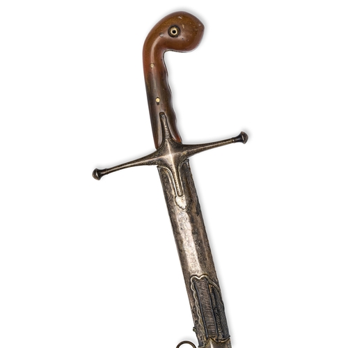 114 - A PERSIAN SWORD WITH SCABBARD, 18TH - 19TH CENTURY The hilt is a pistol-grip or L-shaped design with... 