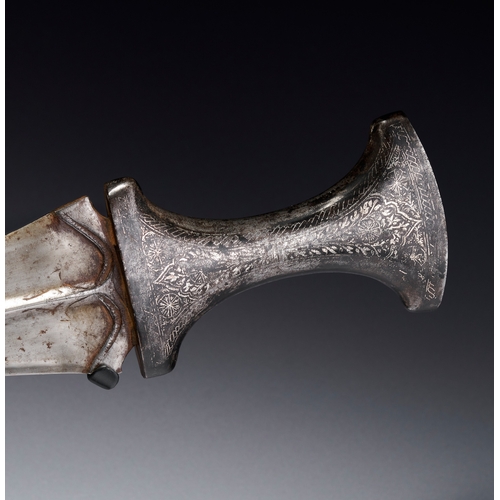 115 - AN INDIAN STEEL DAGGER KHANJAR DAGGER WITH SILVER KOFTGARI INLAY, 19TH CENTURY The double-edged blad... 