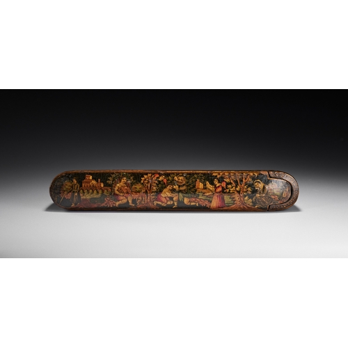155 - A PERSIAN QAJAR LACQUERED PAPIER-MACHE PEN BOX QALAMDAN, 19TH CENTURY This Persian pen case, known a... 