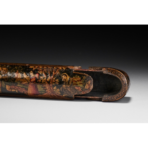 155 - A PERSIAN QAJAR LACQUERED PAPIER-MACHE PEN BOX QALAMDAN, 19TH CENTURY This Persian pen case, known a... 