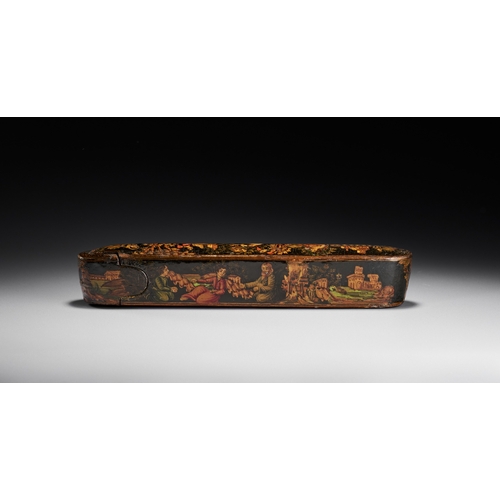 155 - A PERSIAN QAJAR LACQUERED PAPIER-MACHE PEN BOX QALAMDAN, 19TH CENTURY This Persian pen case, known a... 