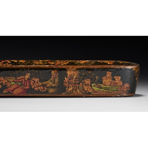 155 - A PERSIAN QAJAR LACQUERED PAPIER-MACHE PEN BOX QALAMDAN, 19TH CENTURY This Persian pen case, known a... 
