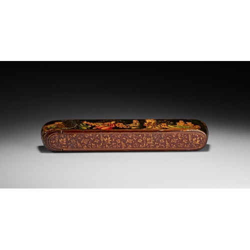 155 - A PERSIAN QAJAR LACQUERED PAPIER-MACHE PEN BOX QALAMDAN, 19TH CENTURY This Persian pen case, known a... 