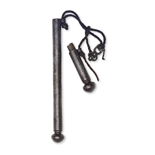 164 - A SILVER INLAID BRONZE MACE, TIBETAN OR KOREAN, 19TH CENTURY Constructed from two interlocking cylin... 