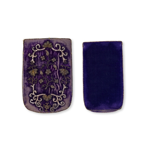 176 - A PURPLE VELVET POUCH WITH METALLIC EMBROIDERY, OTTOMAN, 19TH CENTURY The front panel is decorated w... 