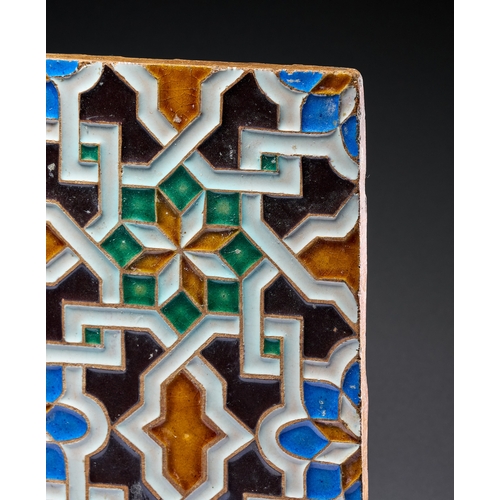 72 - A PAIR OF NEO-MUDEJAR ARISTA SPANISH MOORISH STYLE GLAZED EARTHENWARE TILES, 19TH CENTURY A pair of ... 