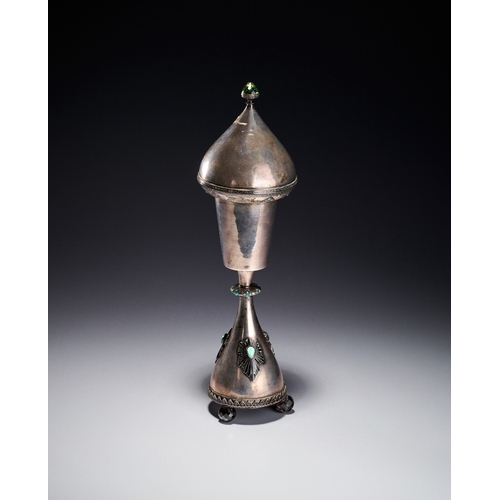 87 - A PERSIAN TURQUOISE INSET AND ENAMELLED SILVER LIDDED CHALICE, PROBABLY FOR THE CHRISTIAN IN ISFAHAN... 