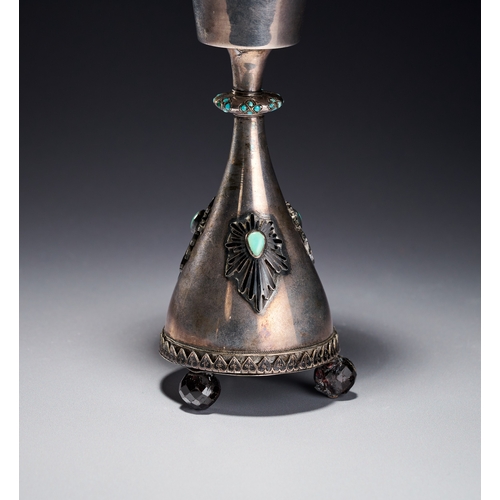 87 - A PERSIAN TURQUOISE INSET AND ENAMELLED SILVER LIDDED CHALICE, PROBABLY FOR THE CHRISTIAN IN ISFAHAN... 