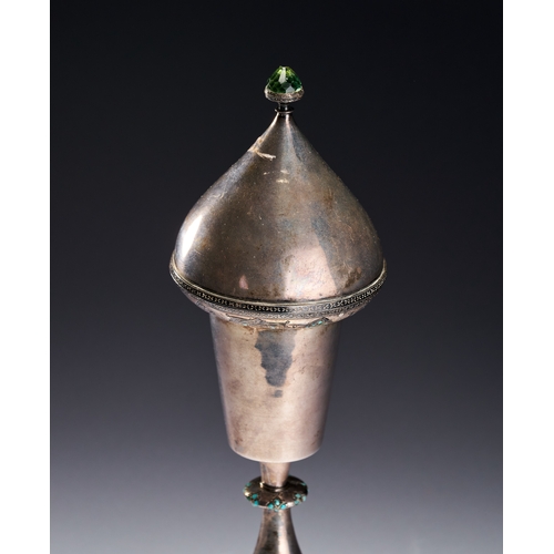 87 - A PERSIAN TURQUOISE INSET AND ENAMELLED SILVER LIDDED CHALICE, PROBABLY FOR THE CHRISTIAN IN ISFAHAN... 