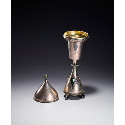 87 - A PERSIAN TURQUOISE INSET AND ENAMELLED SILVER LIDDED CHALICE, PROBABLY FOR THE CHRISTIAN IN ISFAHAN... 