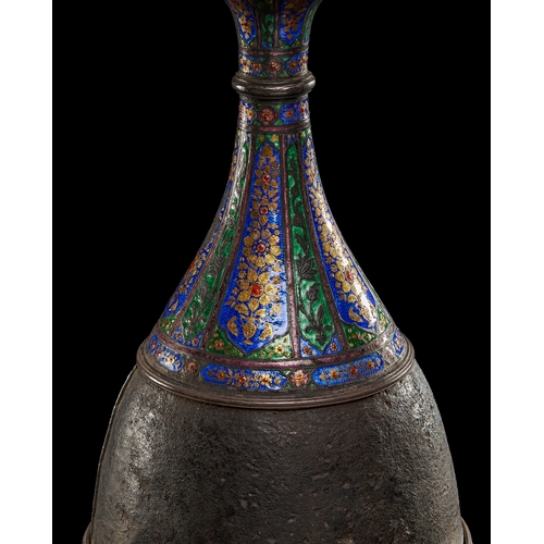 98 - A QAJAR HUQQA BASE WITH ENAMELLED AND GILDED SILVER MOUNTS, PERSIA, 19TH CENTURY A QAJAR HUQQA BASE ... 