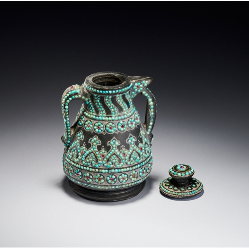 99 - A RARE QAJAR TURQUOISE INSET CARED STONE TEAPOT, PERSIA, 19TH CENTURY The vessel is carved from a da... 