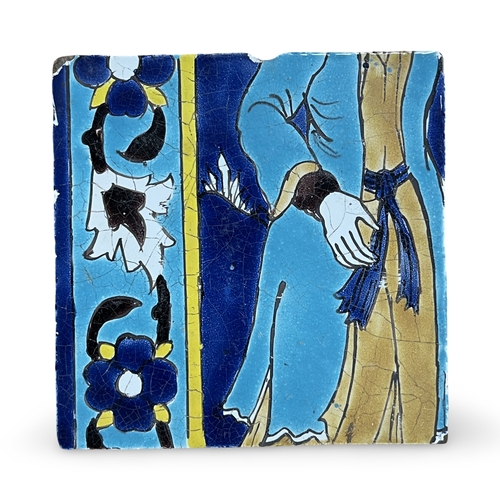 70 - A QAJAR CUERDA SECA POTTERY TILE, PERSIA, 19TH CENTURY This square earthenware tile is decorated in ... 