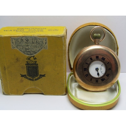 140 - 9ct GOLD GENTLEMAN'S HALF HUNTER POCKET WATCH in leather case and original cardboard box, watch has ... 