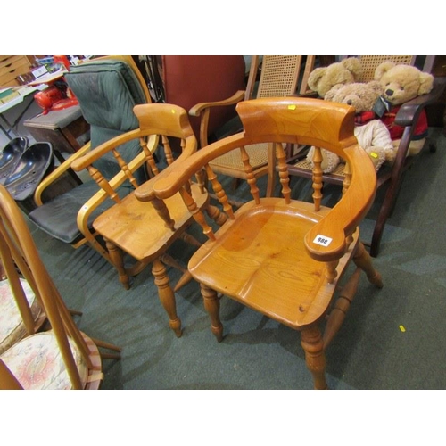 888 - PINE CAPTAINS CHAIRS, 2 Pine captains chairs with double H-stretchers