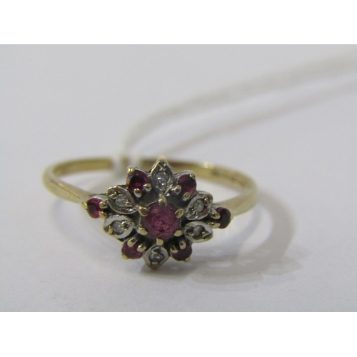 121 - 9ct YELLOW GOLD RUBY & DIAMOND CLUSTER RING, size N/O