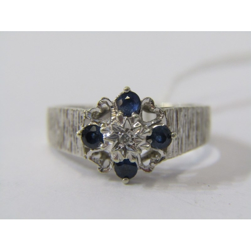 125 - 9ct WHITE GOLD SAPPHIRE & DIAMOND CLUSTER RING, size N/O