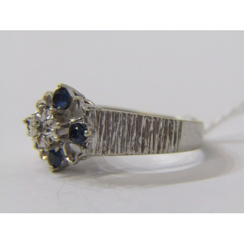 125 - 9ct WHITE GOLD SAPPHIRE & DIAMOND CLUSTER RING, size N/O