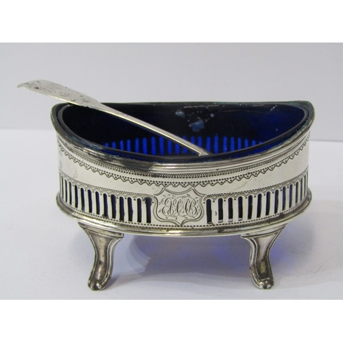 14 - GEORGIAN SILVER OVAL BODIED LIDDED MUSTARD, Newcastle 1795, blue glass liner and early spoon, togeth... 