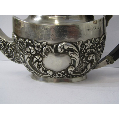 15 - EDWARDIAN SILVER 3 PIECE TEA SERVICE, oval bodied with embossed floral and foliate design and carved... 