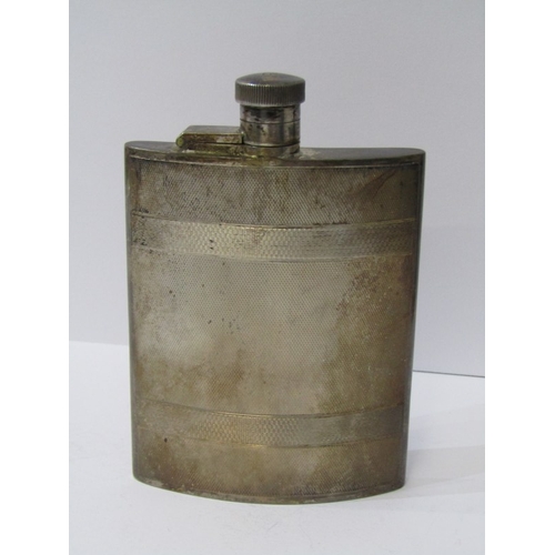 20 - SILVER CURVED BODY HIP FLASK, engine turned decoration possibly Birmingham 1940, 159 grams