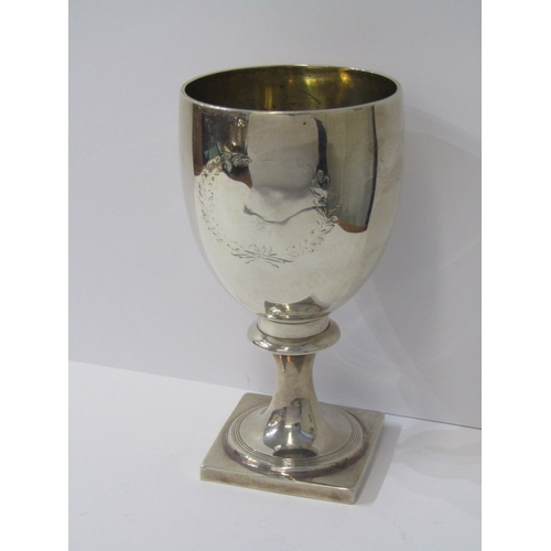 30 - GEORGIAN SILVER CHALICE, square base with engraved garlands design, London possibly 1778, 17cm heigh... 