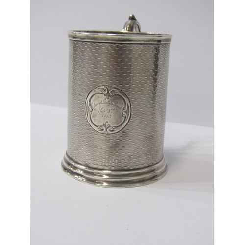 35 - MID VICTORIAN SILVER CHRISTENING TANKARD, engine turned decoration cylindrical christening tankard, ... 