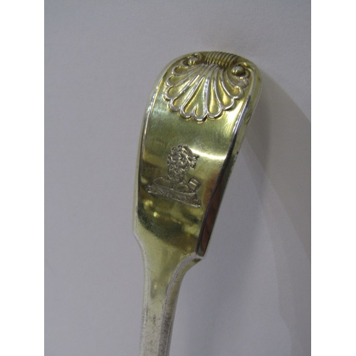 45 - GEORGE III SILVER GILT SUGAR DREDGER SPOON, with fiddle pattern and shell handle, London 1817; also ... 