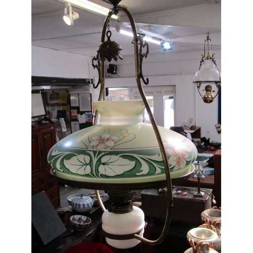 607 - BRASS FRAMED OIL LAMP with an art nouveau  floral painted milk glass oil lamp shade, 37cm dia, toget... 