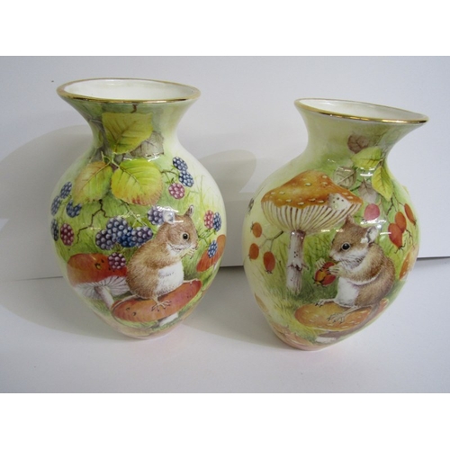 612 - DUNHEVED, pair of Woodmouse painted 17cm vases by D Wilson, together with pair of similar fruit deco... 