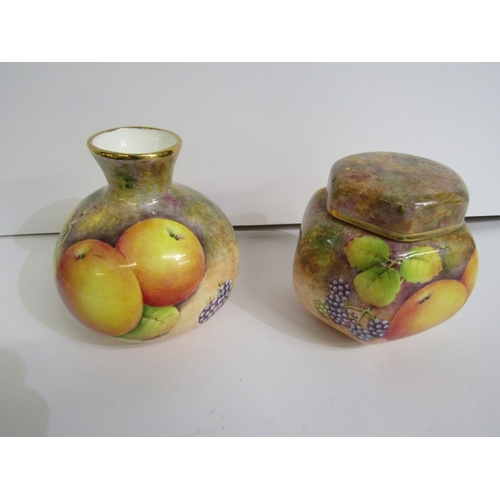 612 - DUNHEVED, pair of Woodmouse painted 17cm vases by D Wilson, together with pair of similar fruit deco... 