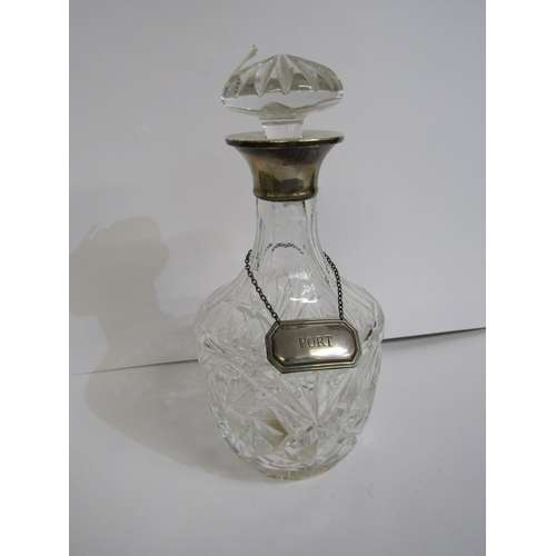 615 - CUT GLASS, silver collared cut glass decanter and stopper