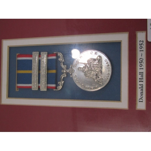 625 - NATIONAL SERVICE MEDAL, framed with Columbia to Celyon clasp and Royal Air force clasp to Donald Hal... 