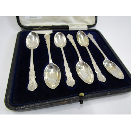 75 - CASED SET OF 6 SILVER TEASPOONS, bright cut decoration, London 1910