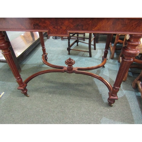 786 - MID VICTORIAN BURR WALNUT CENTRE TABLE, fluted tapering legs with shaped stretcher, 120cm width