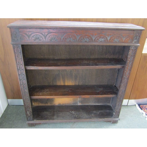 789 - ANTIQUE OAK BOOKCASE, carved oak open fronted adjustable shelf bookcase, 109cm height 105cm wide