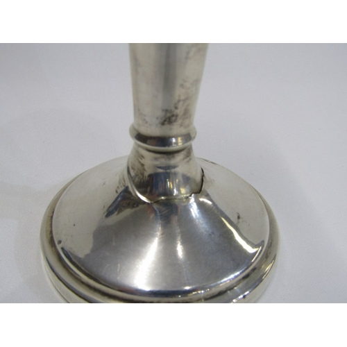 89 - SILVER TEA STRAINER ON STAND, possibly Birmingham 1913; also circular based dressing table candlesti... 