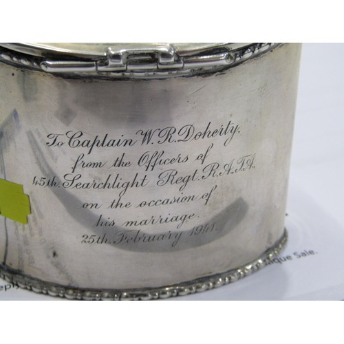 12 - GEORGIAN DESIGN SILVER OVAL TEA CADDY, bright cut decoration with regimental presentation inscriptio... 