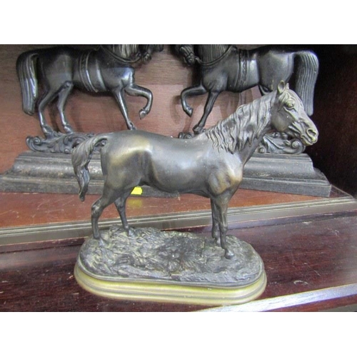 63 - ANTIQUE METALWARE, a pair of equestrian design cast metal door stops & 1 other equestrian sculpture