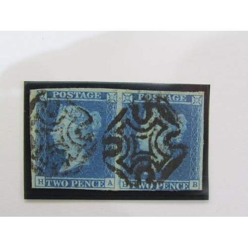 154 - 1841 2d BLUE PLATE 3 PAIR, HA/HB, 4 margins (just on the corner of 1 stamp) black MX cancel (behind ... 