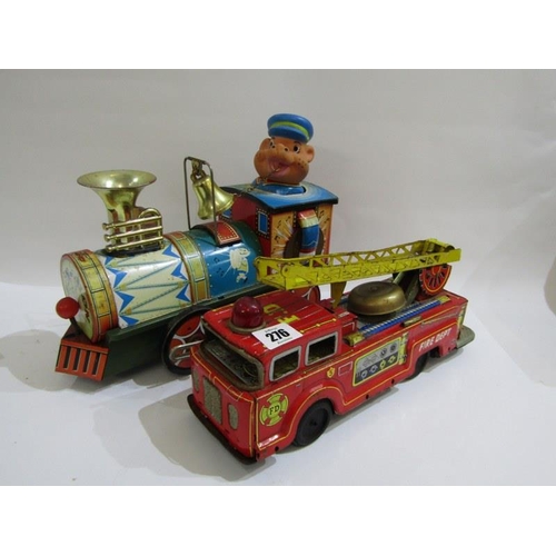 276 - VINTAGE TIN PLATE, tin plate fire department engine and a tin plate train with bell