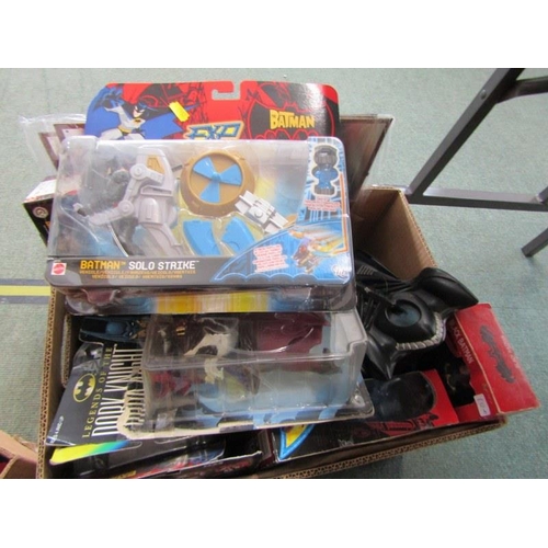 414 - BATMAN, 4 large boxes of Batman related toys and figures, soft toy figures, boxed Truth Detector Bat... 