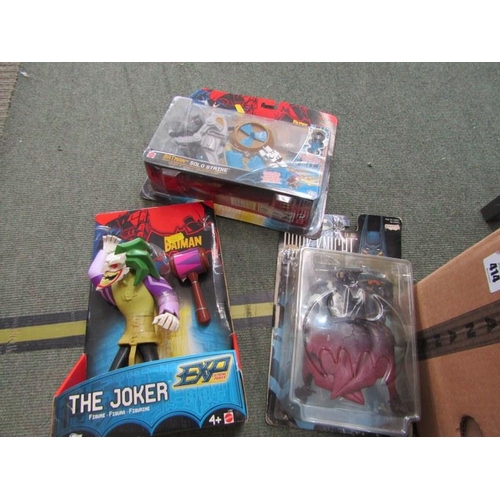 414 - BATMAN, 4 large boxes of Batman related toys and figures, soft toy figures, boxed Truth Detector Bat... 