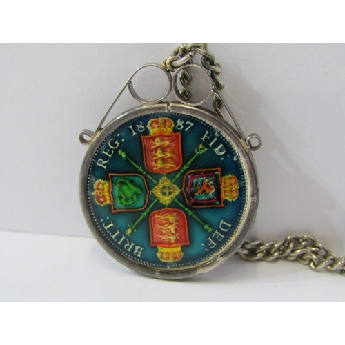 526 - ENAMELLED VICTORIAN 1887 COIN, in silver mount in white metal (tests silver) chain