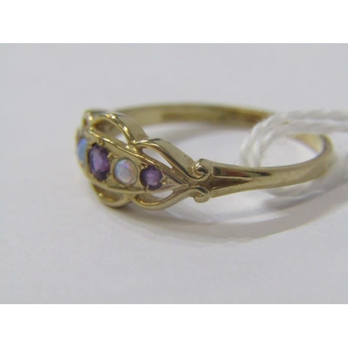 527 - 9ct YELLOW GOLD OPAL & AMETHYST RING, size P