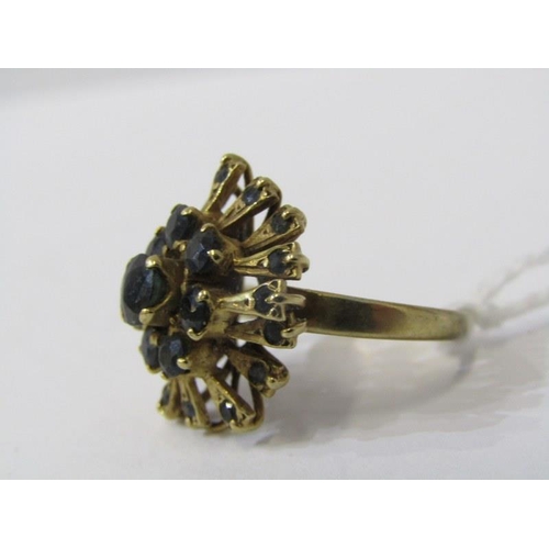 530 - YELLOW METAL, TESTS GOLD, VINTAGE SAPPHIRE CLUSTER RING, size J