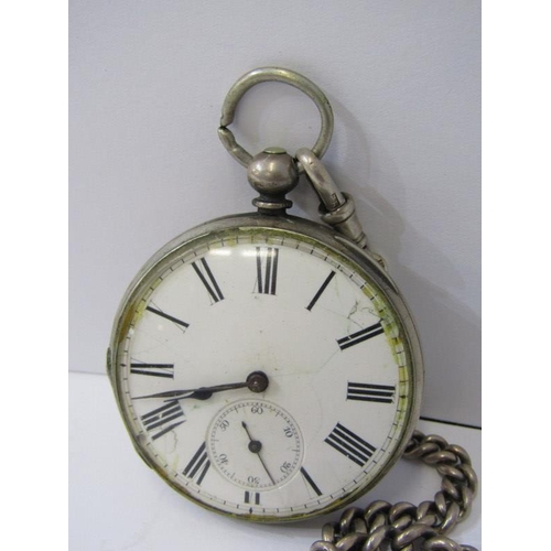 546 - SILVER CASED POCKET WATCH, movement appears in working condition with silver Albert chain, key T bar... 