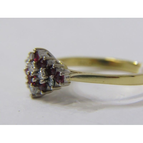 549 - 18ct YELLOW GOLD RUBY & DIAMOND CLUSTER RING, unusual kite design, bright well matched brilliant cut... 